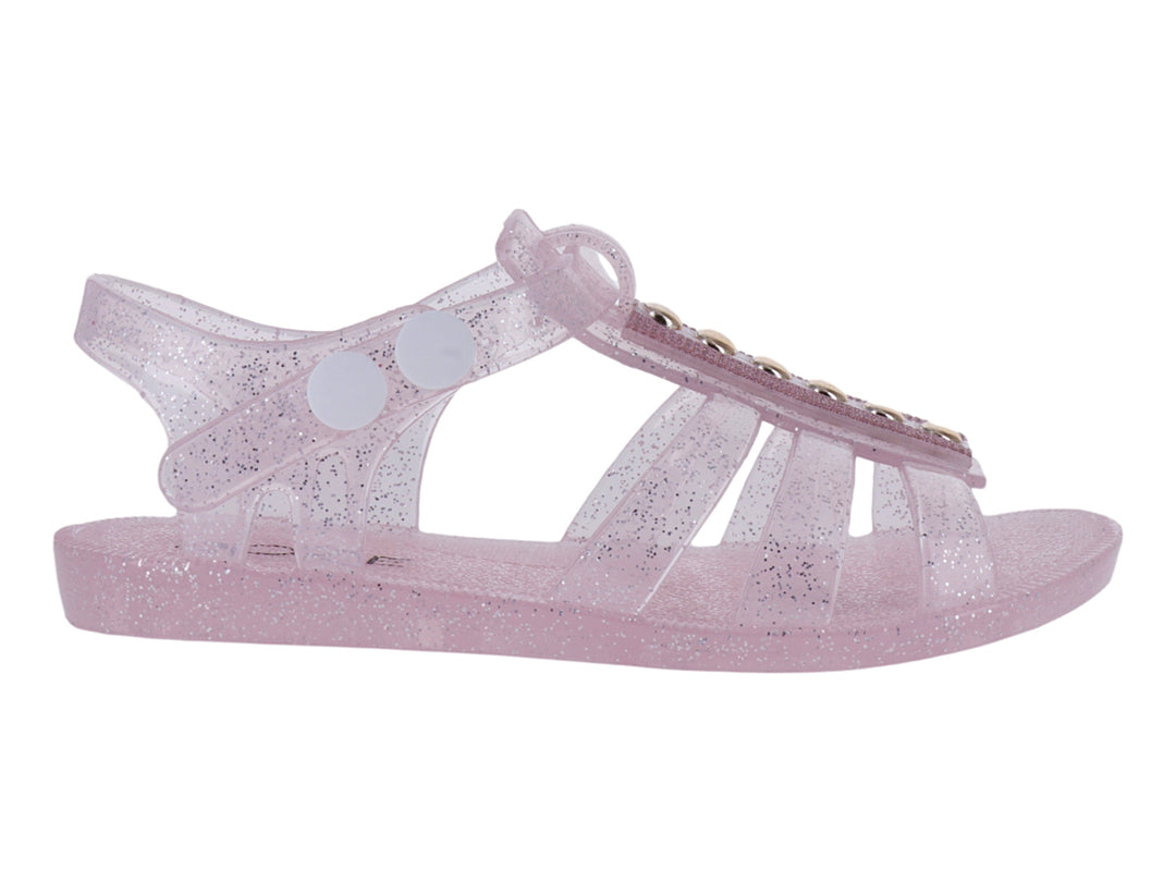 Sandalias para niña en color rosa con glitter, detalles dorados y correa ajustable.