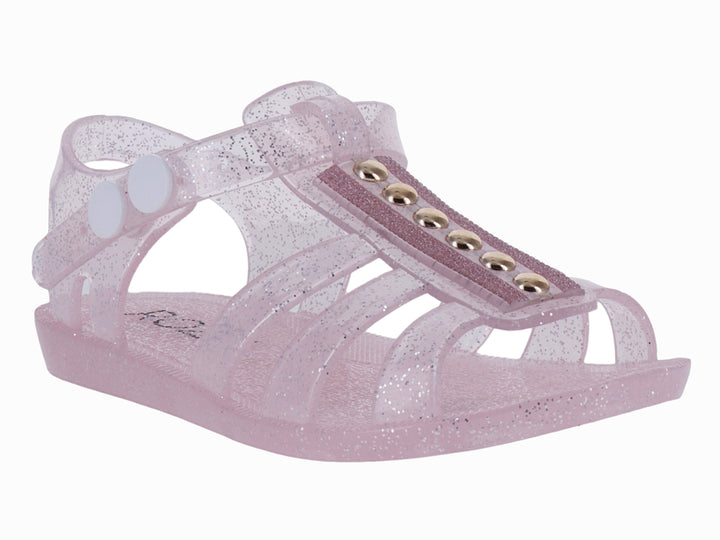 Sandalias para niña en color rosa con glitter, detalles dorados y correa ajustable.