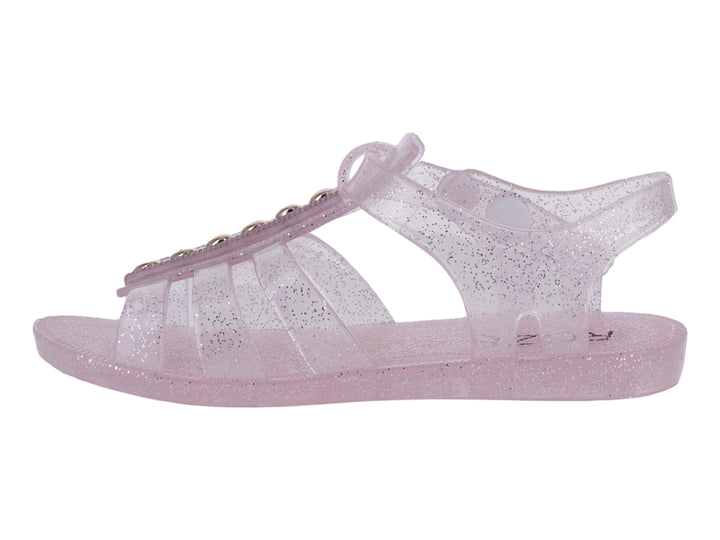 Sandalias para niña en color rosa con glitter, detalles dorados y correa ajustable.