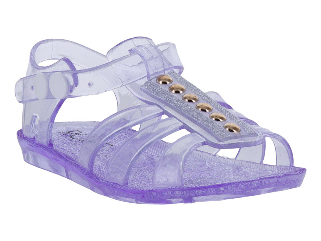 Sandalia infantil de plástico transparente color morado con detalles dorados en la correa.