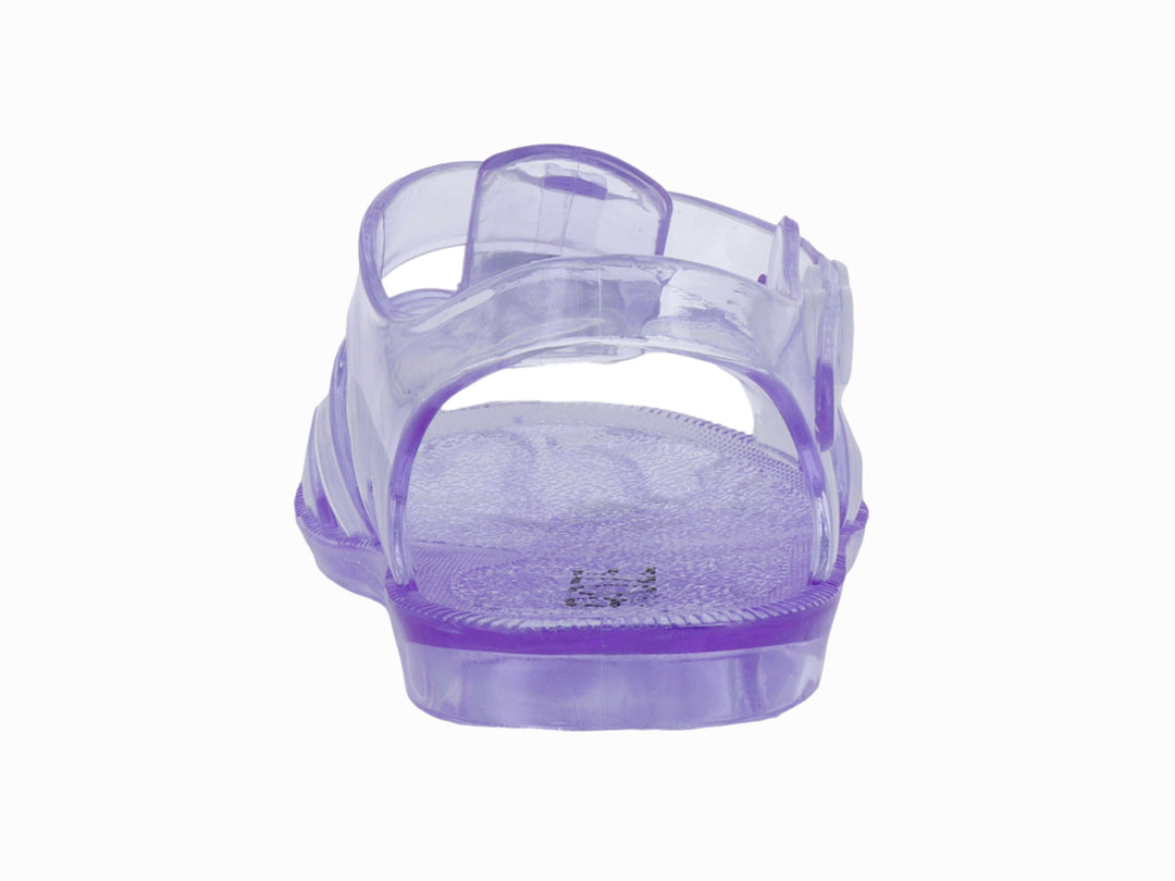 Sandalia infantil de plástico transparente color morado con detalles dorados en la correa.