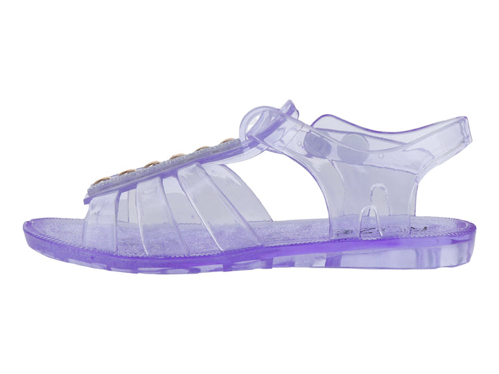 Sandalia infantil de plástico transparente color morado con detalles dorados en la correa.