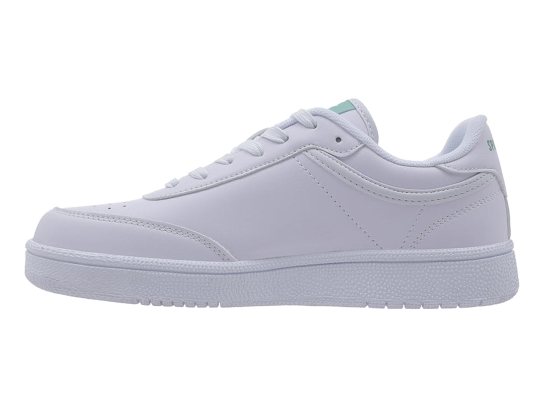 Tenis deportivos Lotto color blanco con detalles en verde menta y suela blanca.