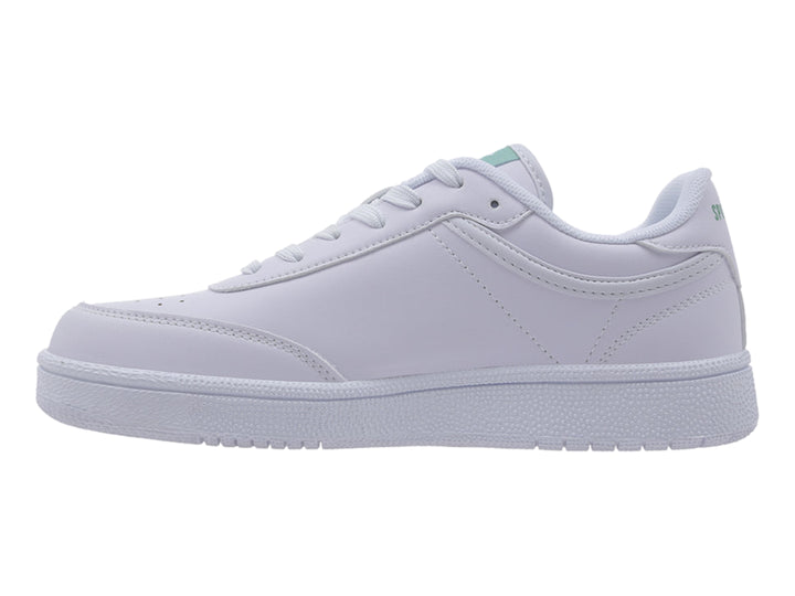 Tenis deportivos Lotto color blanco con detalles en verde menta y suela blanca.