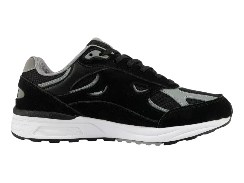 Tenis deportivos K-Swiss en color negro con detalles en gris y suela blanca.