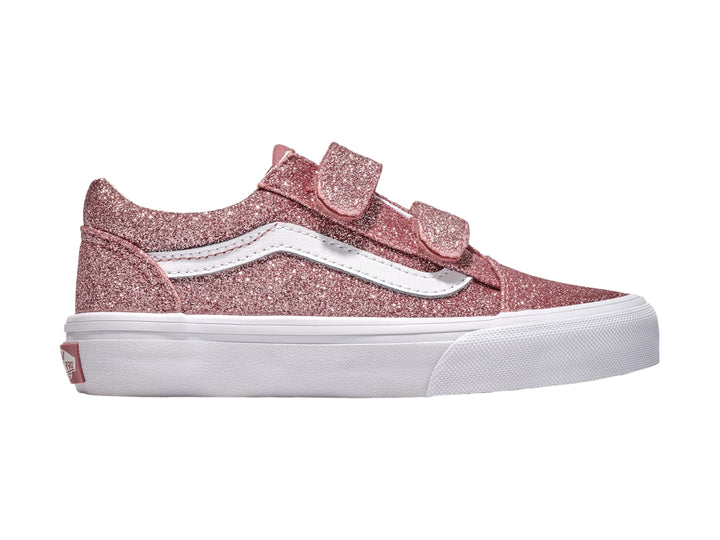 Tenis VANS Old Skool color rose gold con brillos, cierre de velcro y suela blanca.