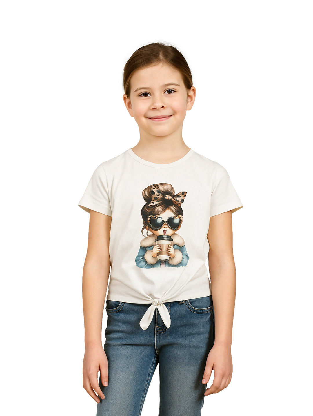 Niña vistiendo blusa color ivory con estampado gráfico y nudo frontal.