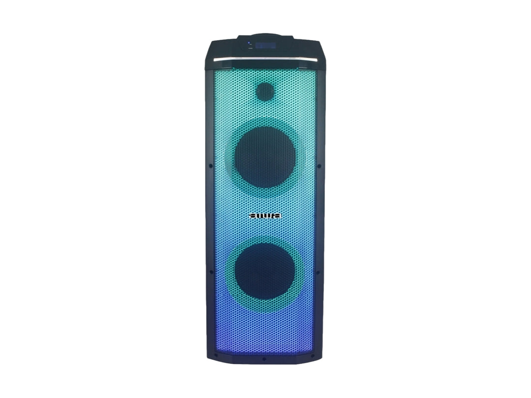 Bocina de torre AIWA color negro con iluminación LED azul y doble altavoz frontal.
