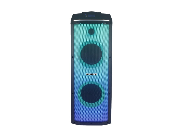 Bocina de torre AIWA color negro con iluminación LED azul y doble altavoz frontal.