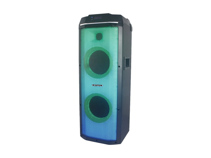 Bocina de torre AIWA color negro con iluminación LED azul y doble altavoz frontal.