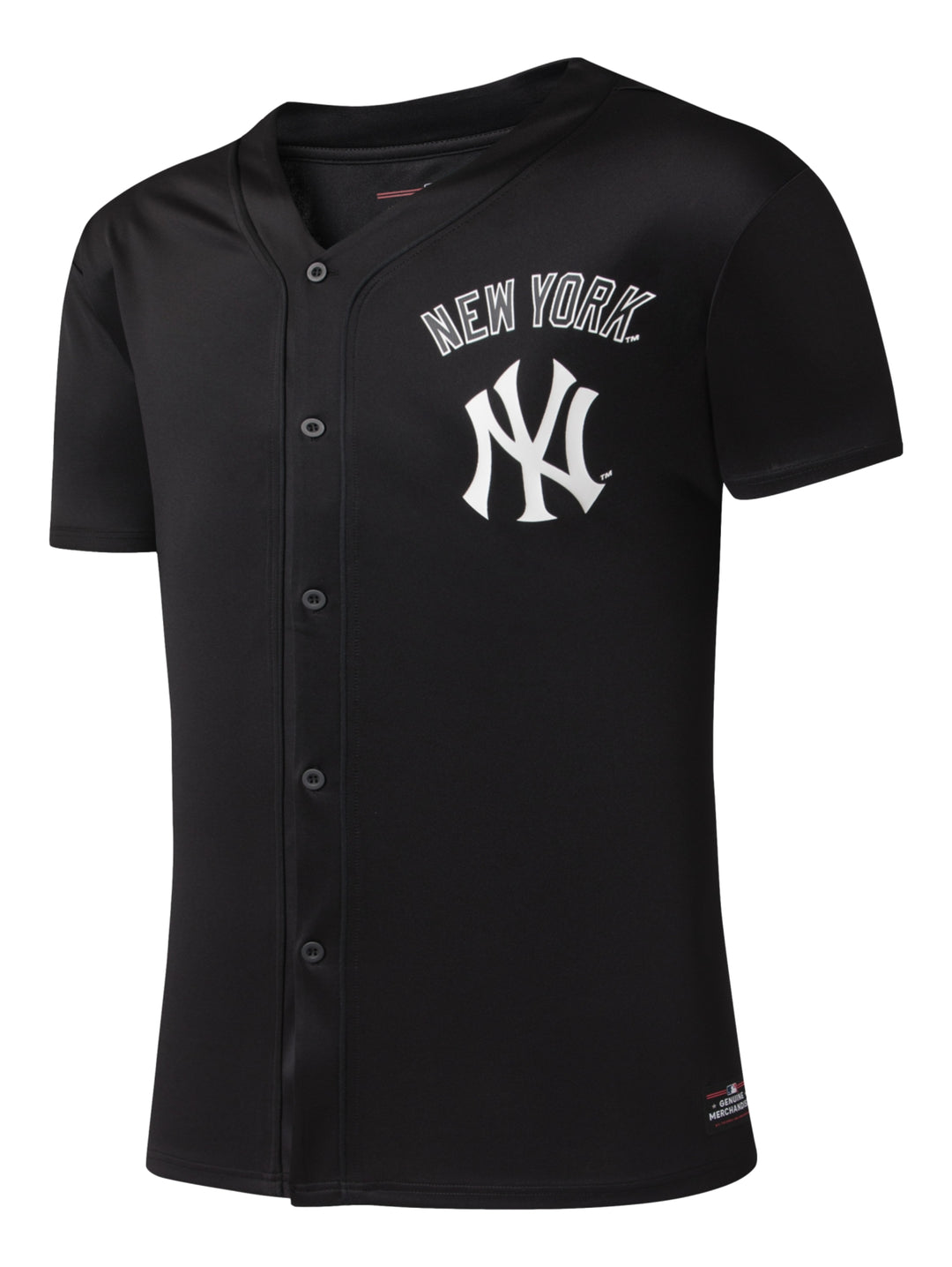 Jersey de béisbol negro de los New York Yankees con botones frontales y logotipo blanco en el pecho.
