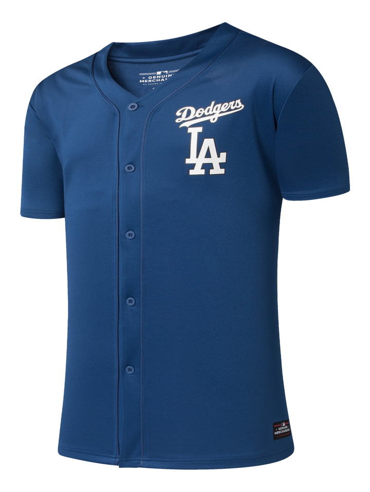 Camiseta deportiva de béisbol color azul marino con logotipo de los Dodgers y letras LA en blanco.
