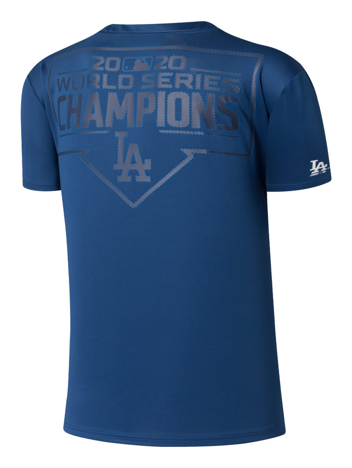 Camiseta deportiva de béisbol color azul marino con logotipo de los Dodgers y letras LA en blanco.