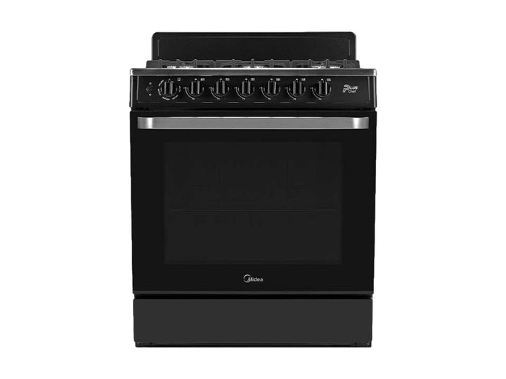 Estufa Midea de 6 quemadores en color negro con acabado brillante y detalles en plata.