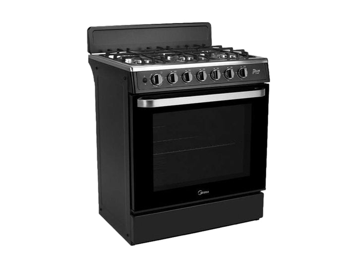 Estufa Midea de 6 quemadores en color negro con acabado brillante y detalles en plata.