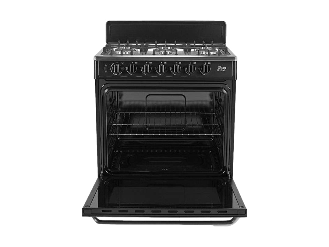 Estufa Midea de 6 quemadores en color negro con acabado brillante y detalles en plata.
