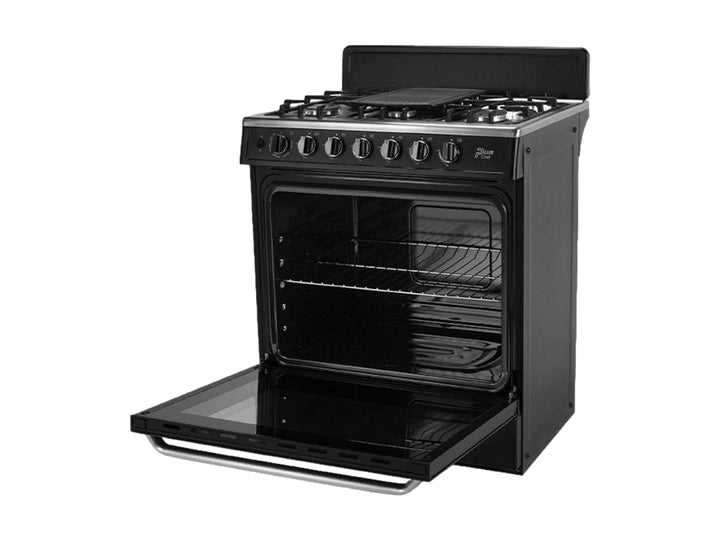 Estufa Midea de 6 quemadores en color negro con acabado brillante y detalles en plata.