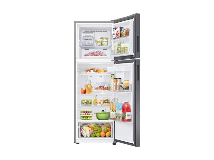 Refrigerador Samsung de acero inoxidable con dispensador de agua frontal y diseño moderno de dos puertas.