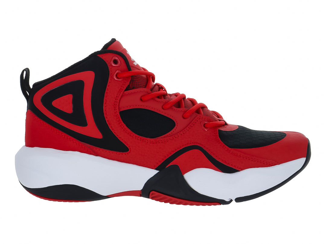 Tenis de baloncesto SHAQ en color rojo con detalles en negro y suela blanca.