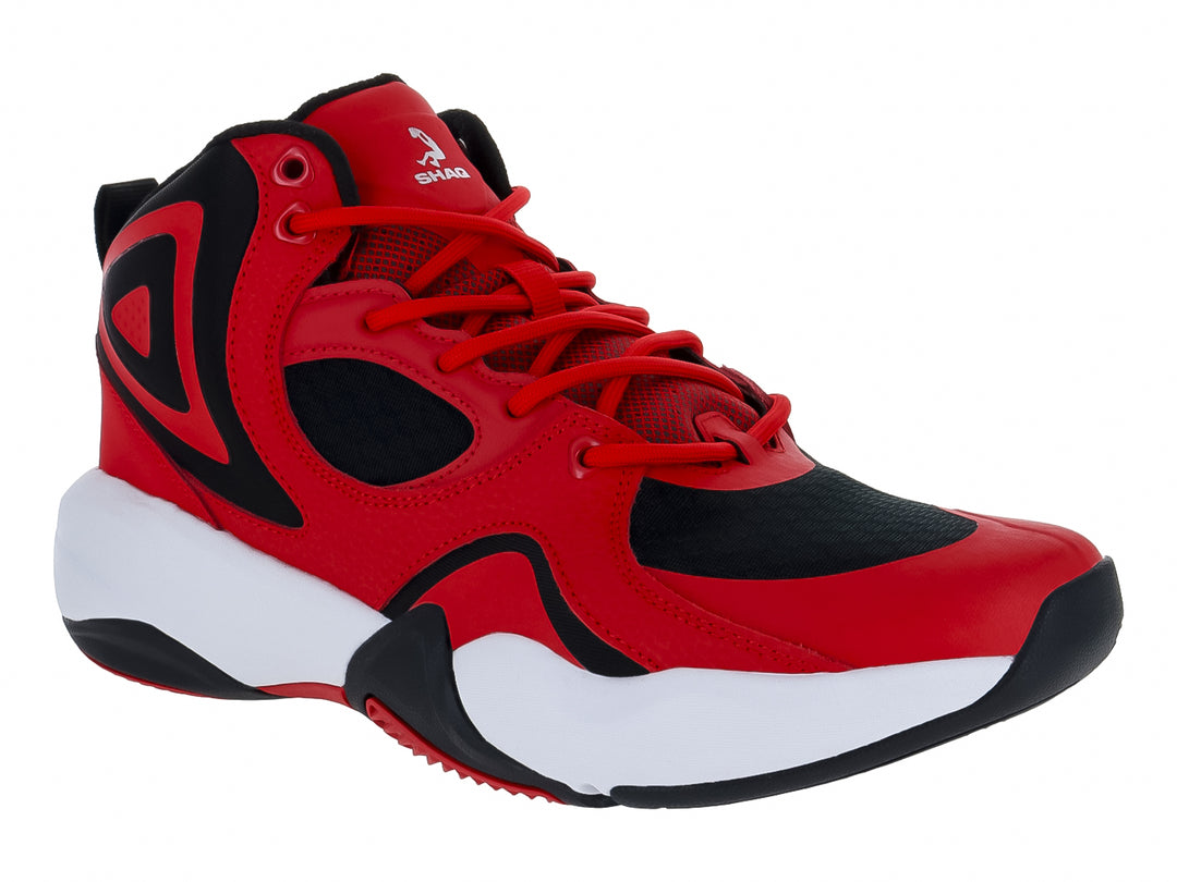 Tenis de baloncesto SHAQ en color rojo con detalles en negro y suela blanca.