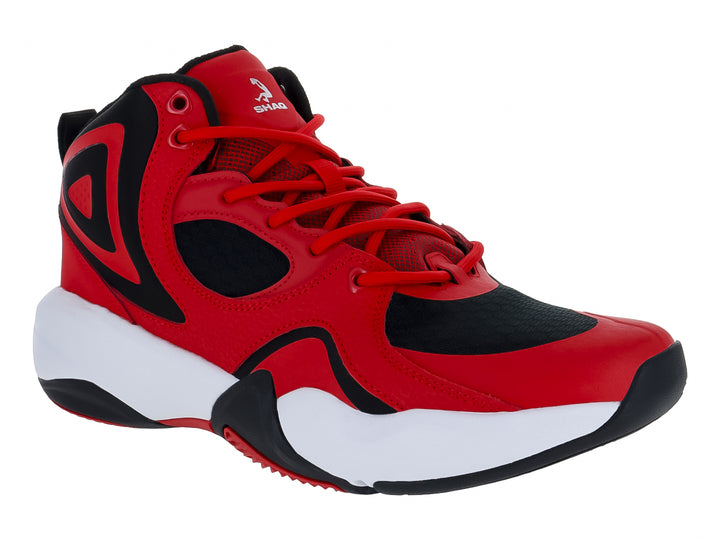 Tenis de baloncesto SHAQ en color rojo con detalles en negro y suela blanca.