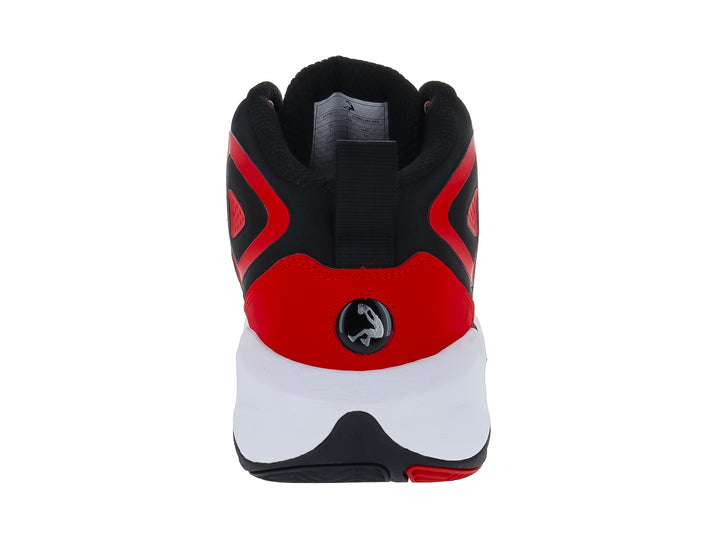 Tenis de baloncesto SHAQ en color rojo con detalles en negro y suela blanca.