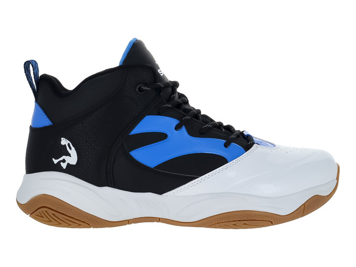 Tenis de baloncesto SHAQ en colores blanco, negro y azul con suela color caramelo.
