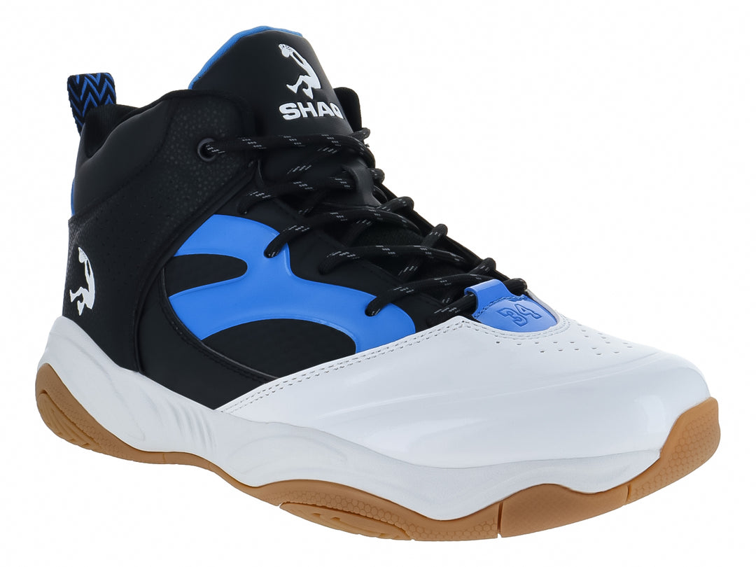 Tenis de baloncesto SHAQ en colores blanco, negro y azul con suela color caramelo.