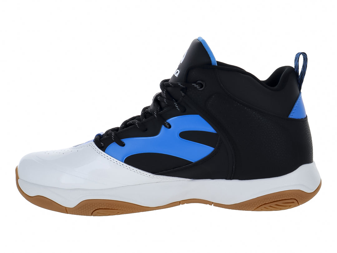 Tenis de baloncesto SHAQ en colores blanco, negro y azul con suela color caramelo.