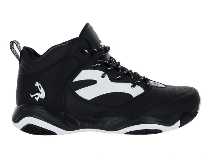 Tenis de baloncesto SHAQ en color negro con detalles blancos y suela blanca.