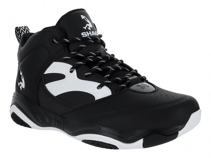 Tenis de baloncesto SHAQ en color negro con detalles blancos y suela blanca.