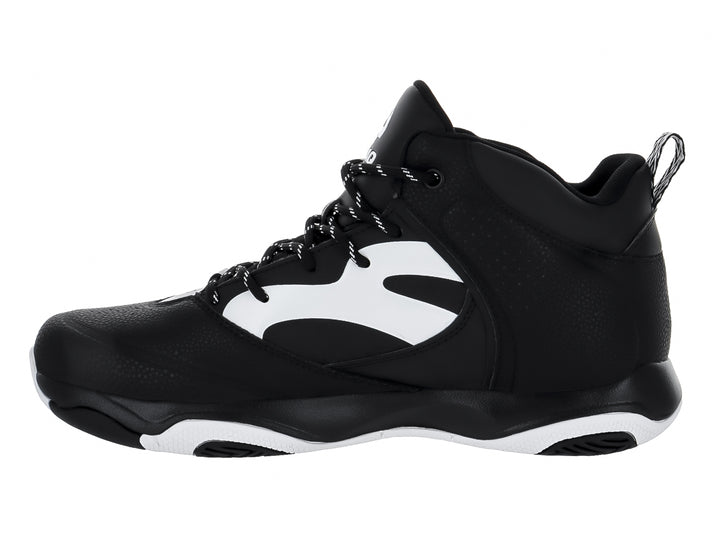 Tenis de baloncesto SHAQ en color negro con detalles blancos y suela blanca.