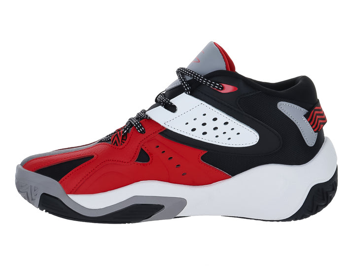 Tenis de baloncesto SHAQ en colores negro, rojo y blanco con suela blanca robusta.