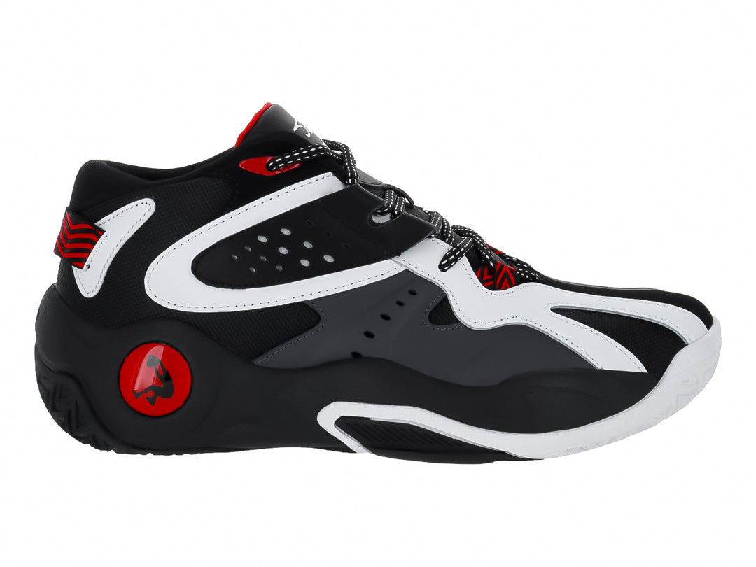 Tenis de baloncesto SHAQ en colores negro, blanco y rojo con suela robusta.