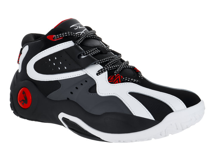 Tenis de baloncesto SHAQ en colores negro, blanco y rojo con suela robusta.