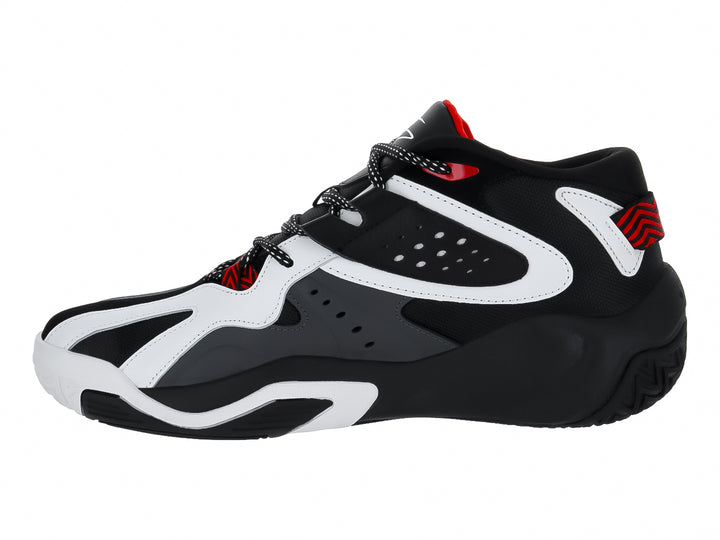 Tenis de baloncesto SHAQ en colores negro, blanco y rojo con suela robusta.