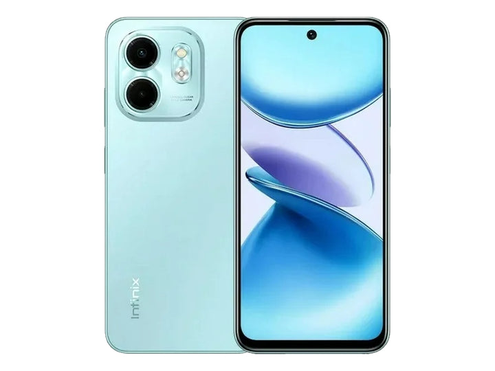 Teléfono inteligente Infinix Smart 9 en color verde, vista frontal y posterior.