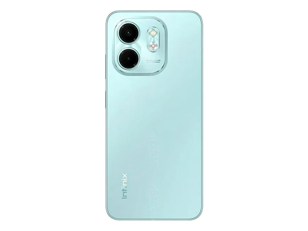 Teléfono inteligente Infinix Smart 9 en color verde, vista frontal y posterior.