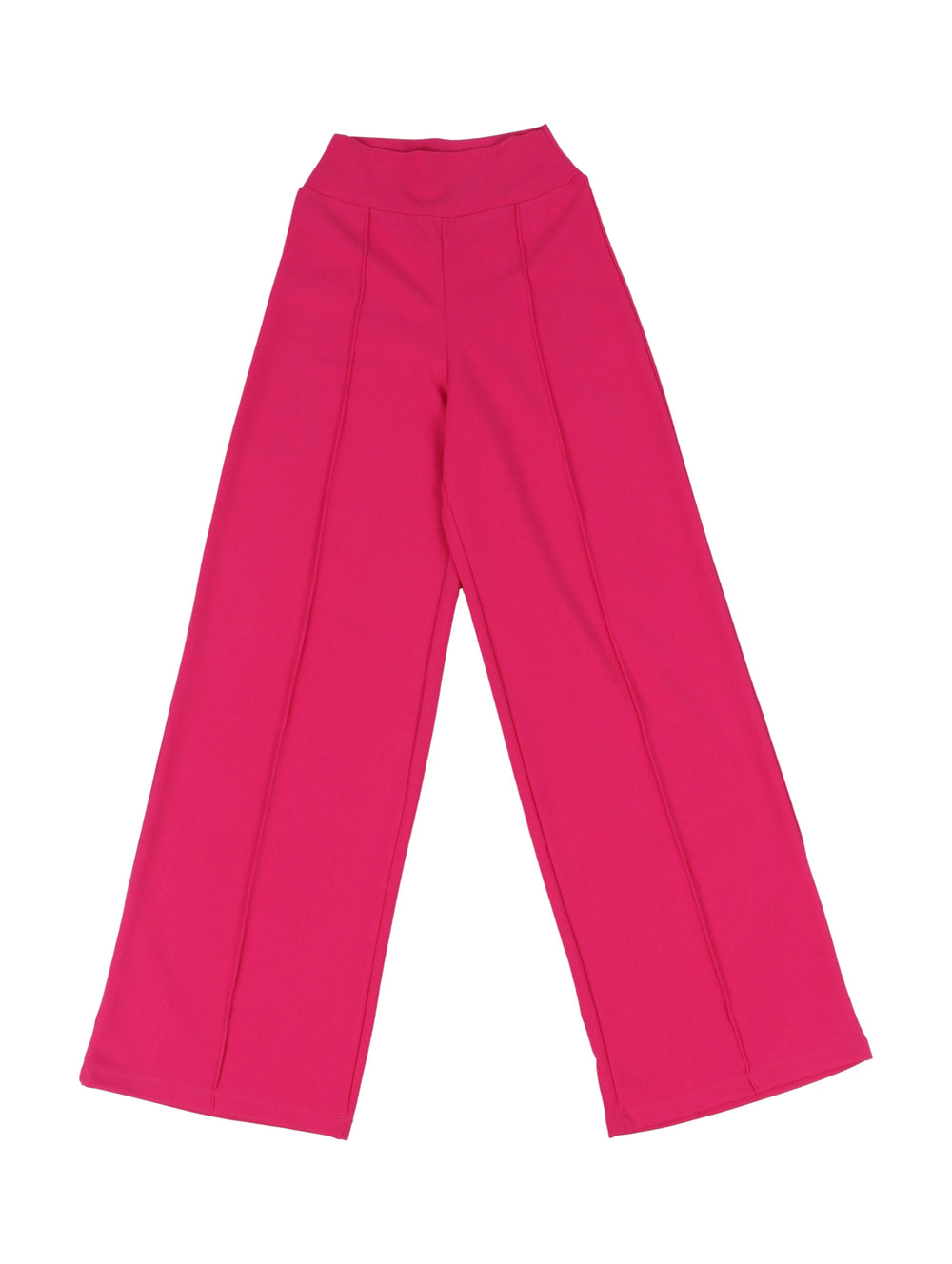 Niña vistiendo pantalón fucsia de pierna ancha y talle alto con camiseta blanca.