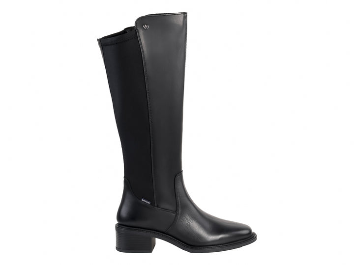 Bota alta de color negro marca Dockers con tacón bajo y acabado liso.
