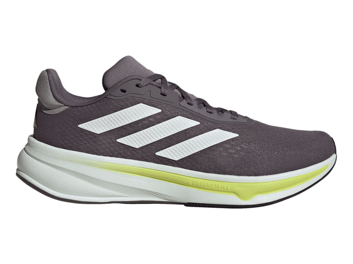 Tenis Adidas Response Super color gris con suela blanca y detalles en verde lima.