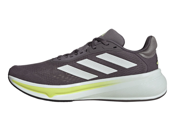 Tenis Adidas Response Super color gris con suela blanca y detalles en verde lima.