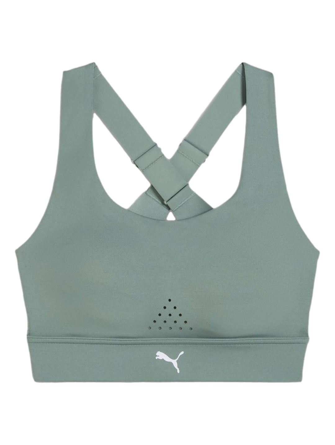 Mujer vistiendo un top deportivo PUMA color verde luna con diseño ajustado y cuello redondo.