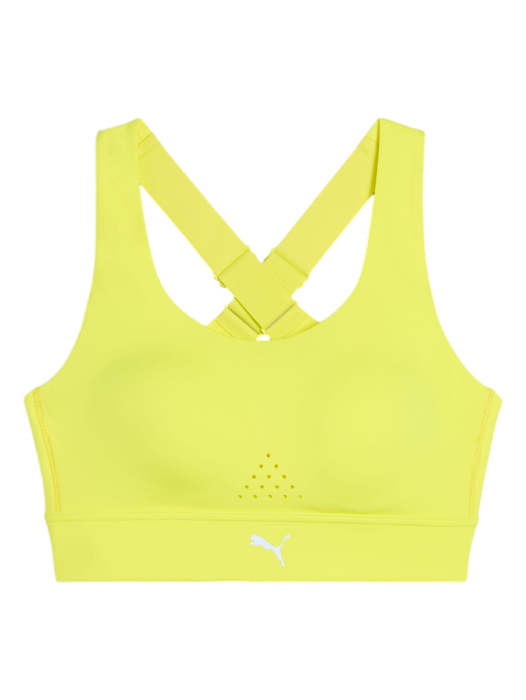 Top deportivo PUMA color amarillo limón usado por una mujer.