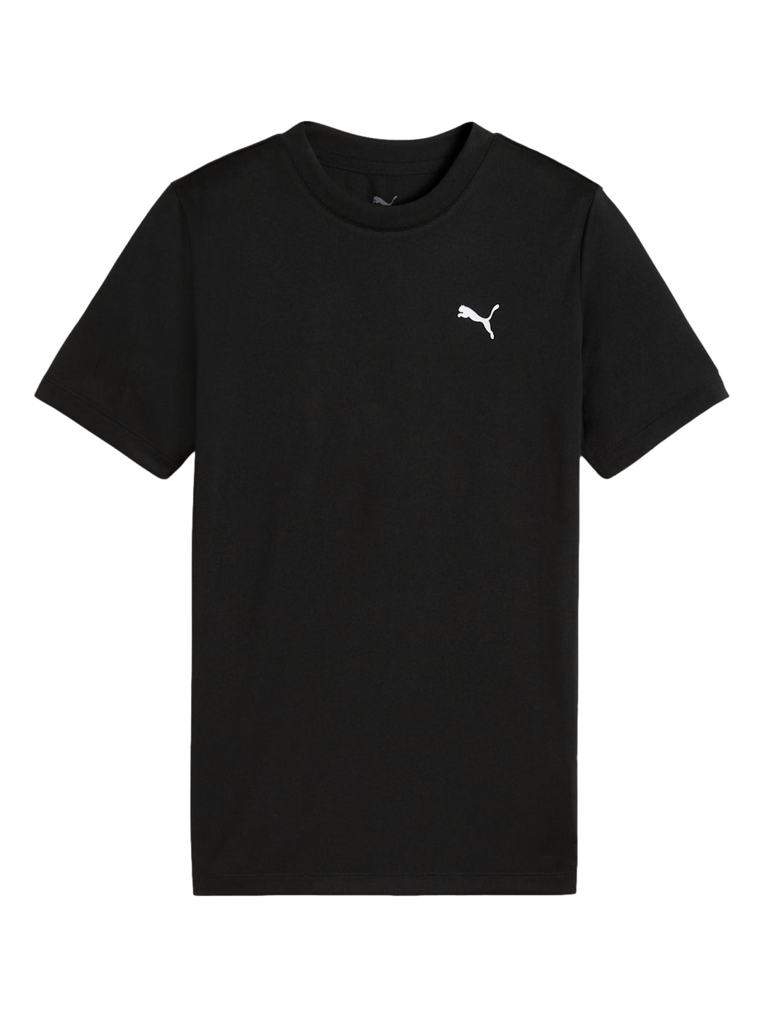Niño vistiendo playera deportiva Puma de color negro con logo blanco en el pecho.