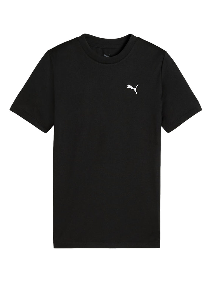 Niño vistiendo playera deportiva Puma de color negro con logo blanco en el pecho.