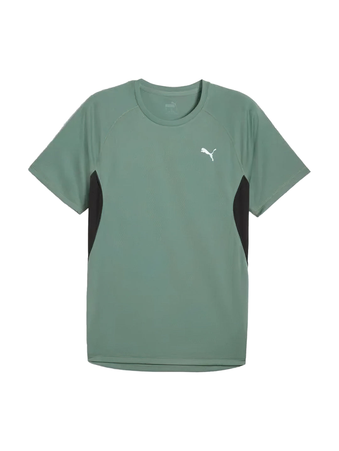 Playera deportiva PUMA color verde moon con paneles laterales negros y logotipo blanco en el pecho.