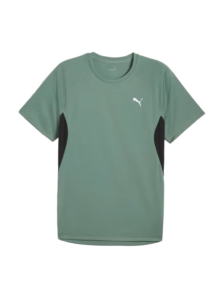 Playera deportiva PUMA color verde moon con paneles laterales negros y logotipo blanco en el pecho.