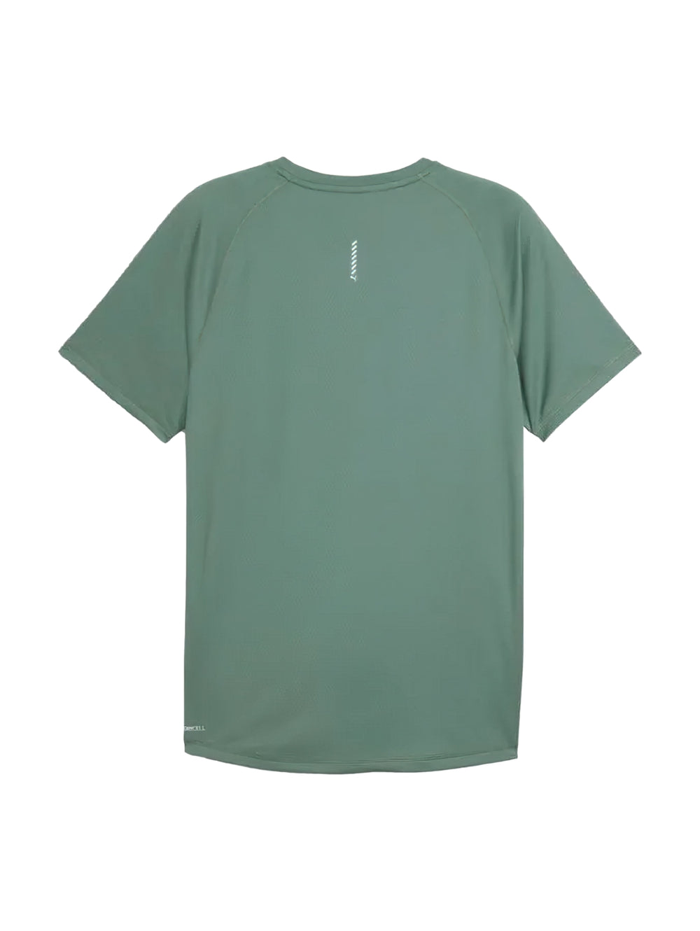 Playera deportiva PUMA color verde moon con paneles laterales negros y logotipo blanco en el pecho.