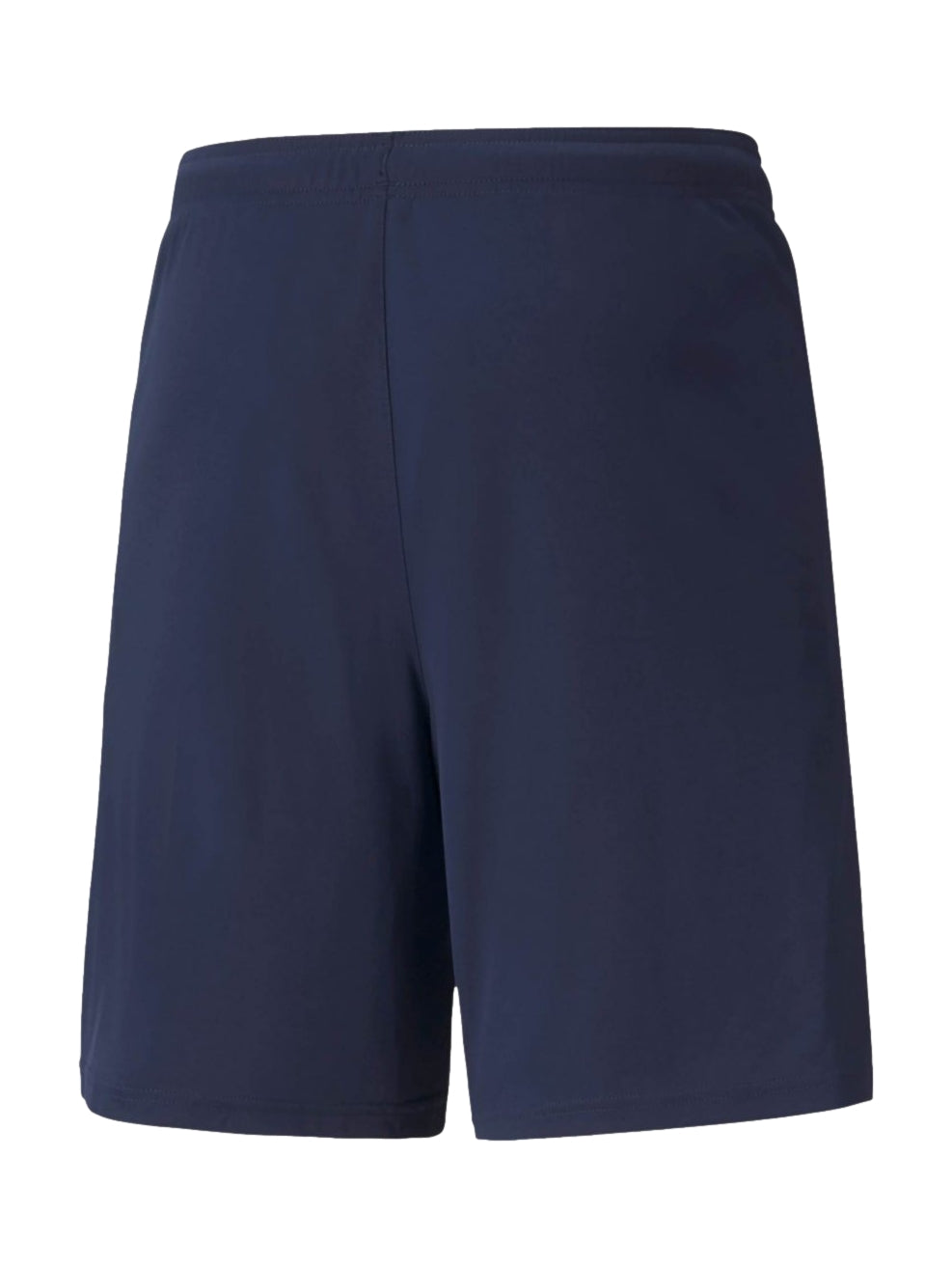 Shorts deportivos PUMA color azul marino con franja blanca lateral y logotipo blanco en la pierna izquierda.
